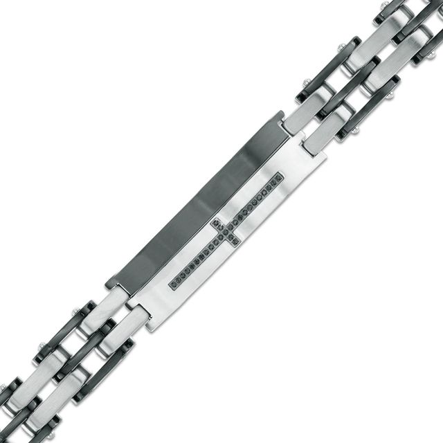 Men's 0.13 CT. T.W. Black Diamond Cross ID Bracelet in Two-Tone Stainless Steel - 8.5"|Peoples Jewellers