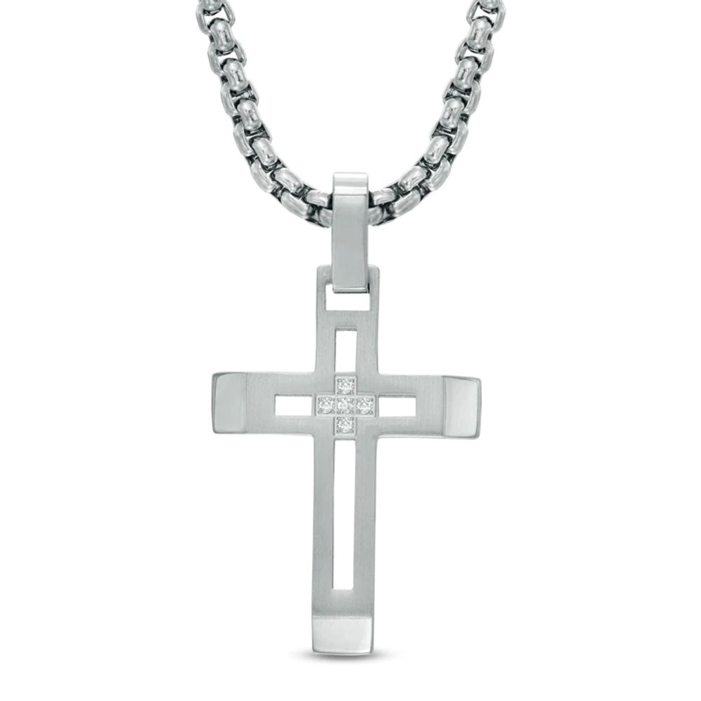 Men's Diamond Accent Cross Pendant in Stainless Steel - 24"|Peoples Jewellers