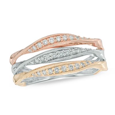 0.25 CT. T.W. Diamond Three Row Twist Band in 10K Tri-Tone Gold|Peoples Jewellers