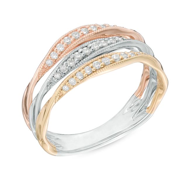 0.25 CT. T.W. Diamond Three Row Twist Band in 10K Tri-Tone Gold|Peoples Jewellers