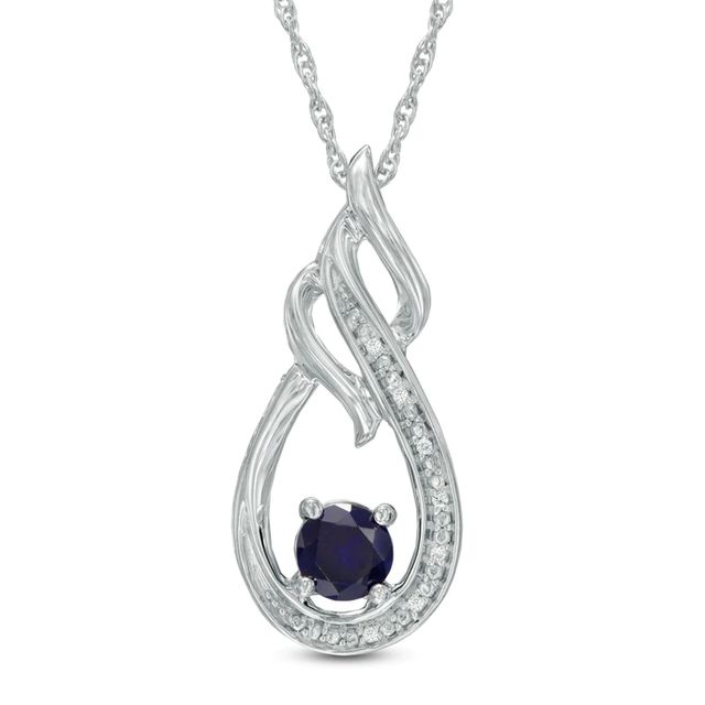 5.0mm Lab-Created Blue Sapphire and Diamond Accent Flame Pendant in Sterling Silver