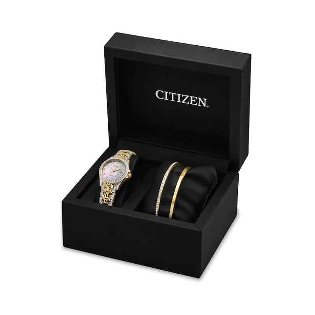 Ladies' Citizen Eco-Drive® Crystal Accent Watch with Mother-of-Pearl Dial and Bracelet Boxed Set (Model: EW1222-76D)|Peoples Jewellers