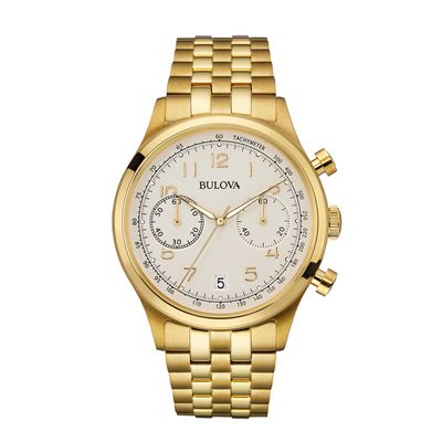 Ladies' Bulova Chronograph Gold-Tone Watch with Silver-Tone Dial (Model: 97B149)|Peoples Jewellers