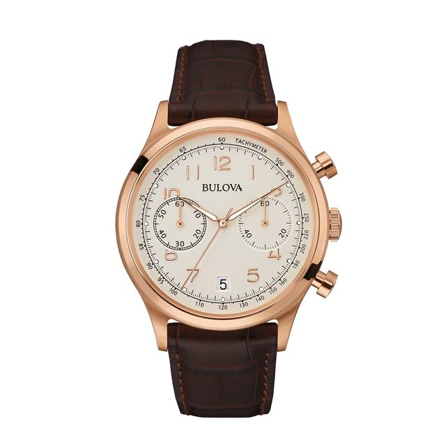 Men's Bulova Chronograph Rose-Tone Strap Watch with Silver-Tone Dial (Model: 97B148)