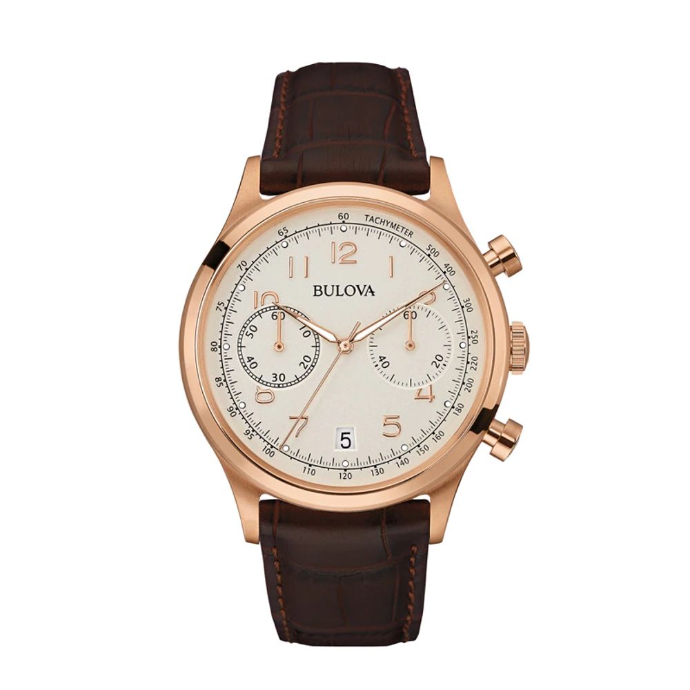 Men's Bulova Chronograph Rose-Tone Strap Watch with Silver-Tone Dial (Model: 97B148)|Peoples Jewellers