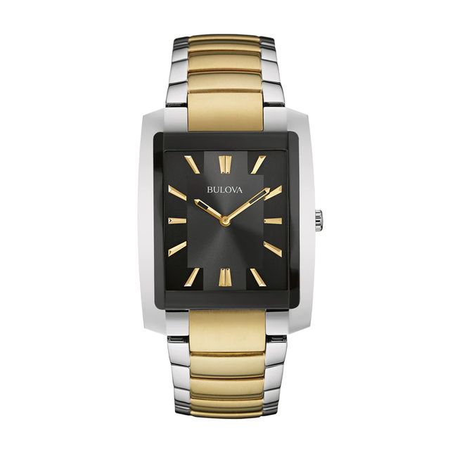 Men's Bulova Two-Tone Watch with Rectangular Black Dial (Model: 98A149)|Peoples Jewellers