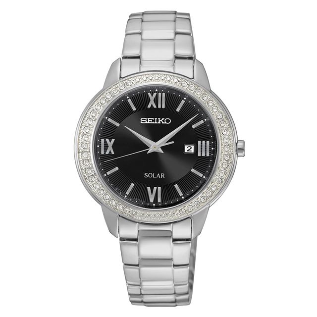 Ladies' Seiko Solar Crystal Accent Watch with Black Dial (Model: SUT245)