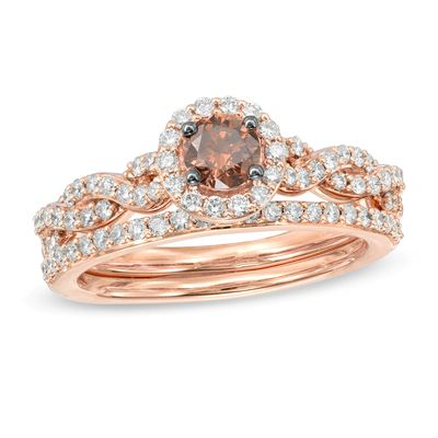 1.00 CT. T.W. Champagne and White Diamond Frame Twist Shank Bridal Set in 14K Rose Gold|Peoples Jewellers