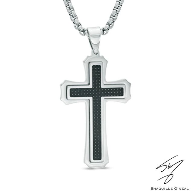 Men's Gothic-Style Cross Pendant with Black Carbon Fibre in Stainless Steel - 24"|Peoples Jewellers