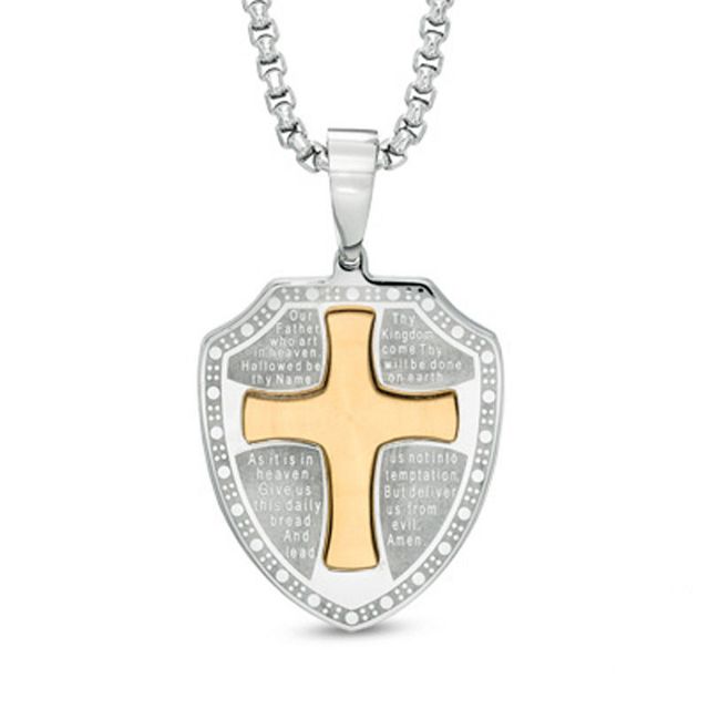 Men's Lord's Prayer Shield Pendant in Stainless Steel and Yellow IP - 24"|Peoples Jewellers