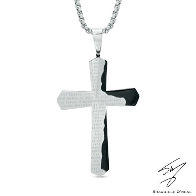 Men's Lord's Prayer Cross Pendant in Stainless Steel and Black IP - 24"