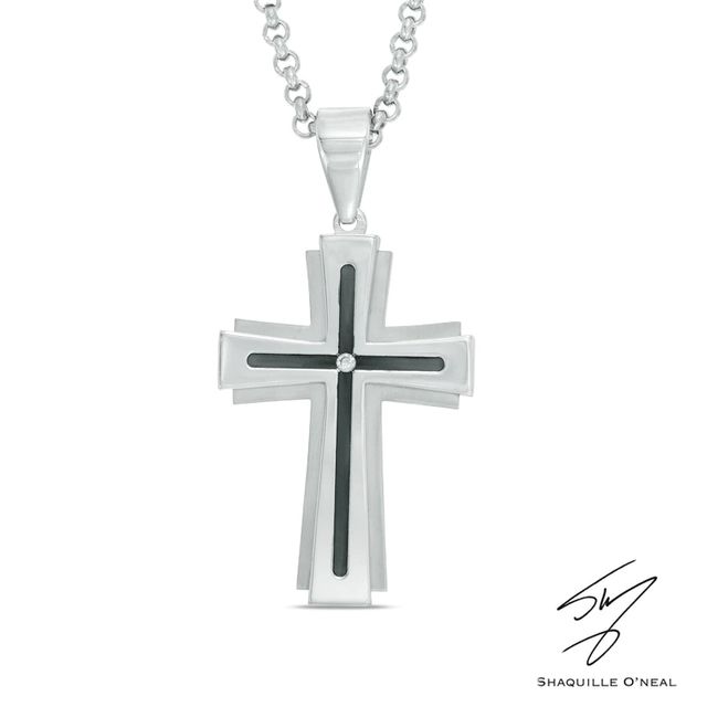 Men's Diamond Accent Groove Cross Pendant in Two-Tone Stainless Steel - 24"|Peoples Jewellers