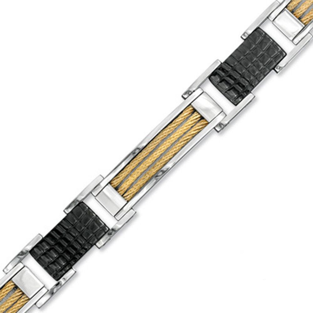 Men's Alternating Cable and Textured Link Bracelet in Stainless Steel and Two-Tone IP - 8.5"|Peoples Jewellers