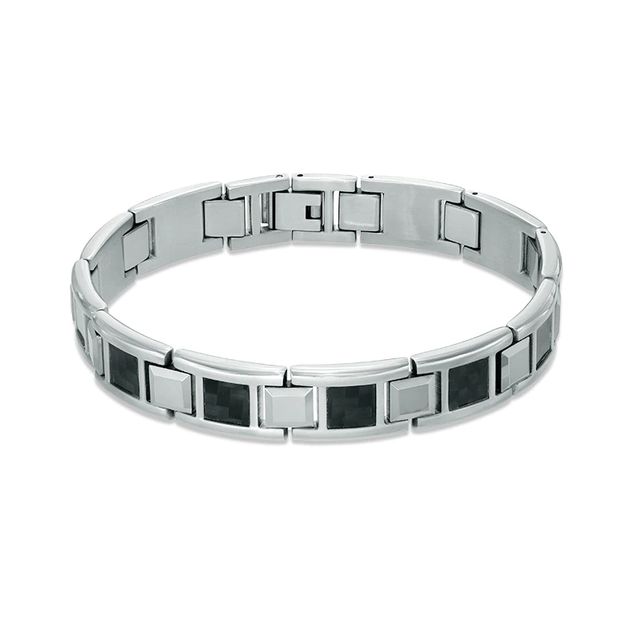 Men's Square Link Bracelet in Stainless Steel and Tungsten with Black Carbon Fiber - 8.5"|Peoples Jewellers