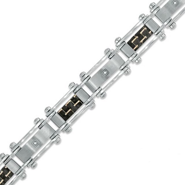 Men's Diamond Accent and Carbon Fibre Link Bracelet in Stainless Steel - 8.5"|Peoples Jewellers