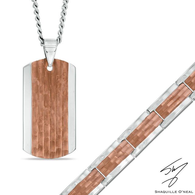 Men's Hammered Dog Tag Pendant and Bracelet Set in Stainless Steel with Brown IP - 24"|Peoples Jewellers