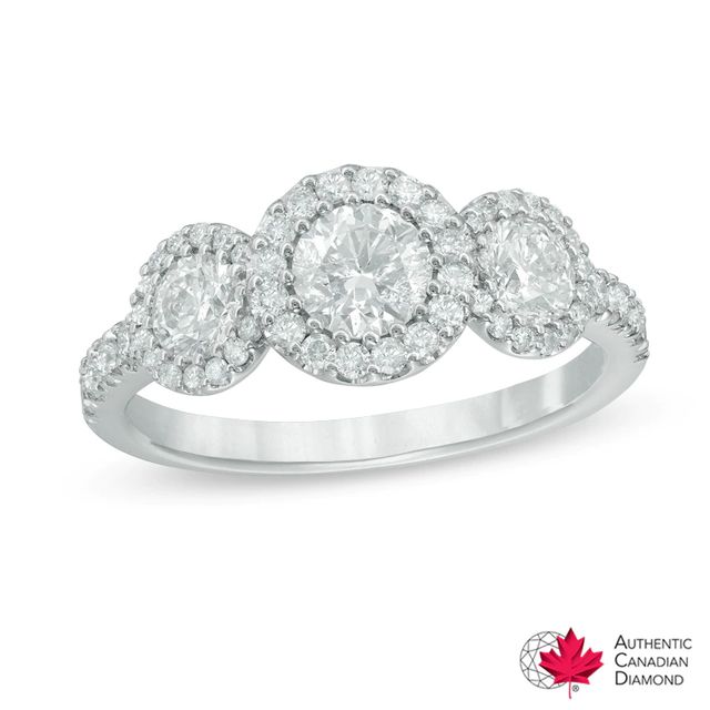1.40 CT. T.W. Certified Canadian Diamond Frame Three Stone Engagement Ring in 14K White Gold (I/I2)|Peoples Jewellers