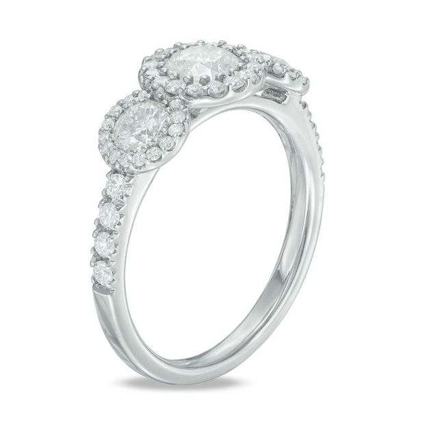 1.40 CT. T.W. Certified Canadian Diamond Frame Three Stone Engagement Ring in 14K White Gold (I/I2)|Peoples Jewellers