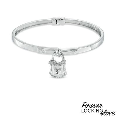 Forever Locking Love™ Diamond Accent Padlock Charm Hinged Bangle in Sterling Silver|Peoples Jewellers