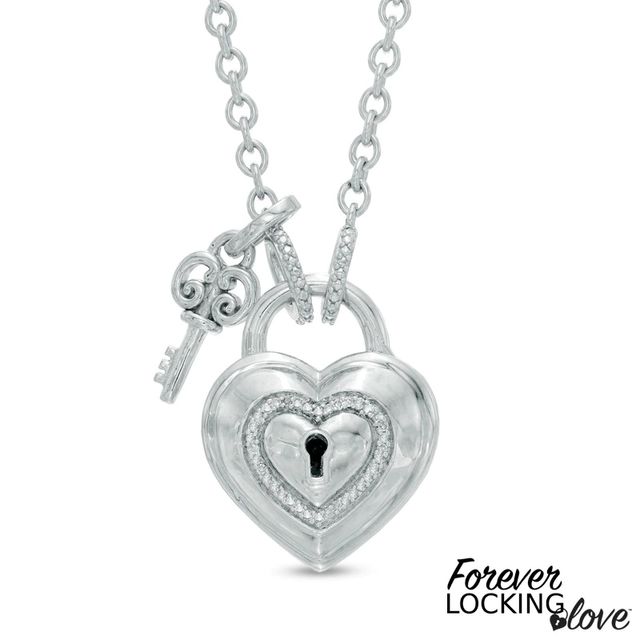 Forever Locking Love™ Diamond Accent Heart-Shaped Padlock and Key Necklace in Sterling Silver - 32"