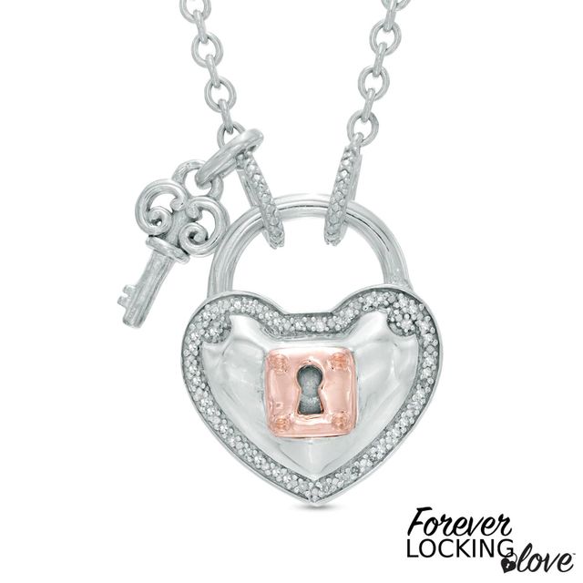 Forever Locking Love™ 0.10 CT. T.W. Diamond Heart Lock and Key Necklace in Sterling Silver and 10K Rose Gold - 32"|Peoples Jewellers