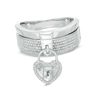Forever Locking Love™ 0.10 CT. T.W. Diamond Heart-Shaped Padlock Charm Dangle Ring in Sterling Silver|Peoples Jewellers