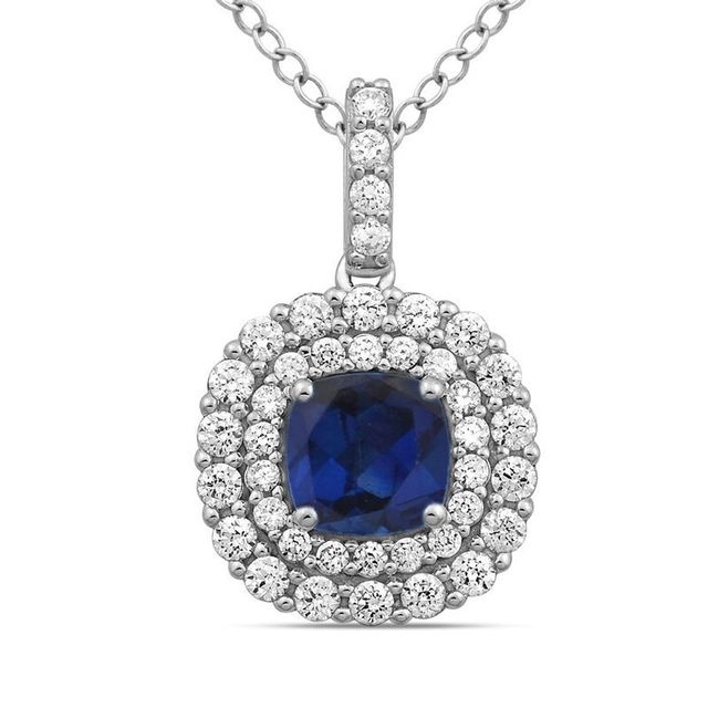 7.0mm Cushion-Cut Lab-Created Blue and White Sapphire Double Frame Pendant in Sterling Silver|Peoples Jewellers