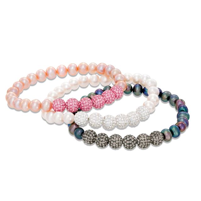 6.0 - 7.0mm Cultured Freshwater Pearl and Multi-colour Crystal Ball Stretch Bracelet Set - 7.25"|Peoples Jewellers