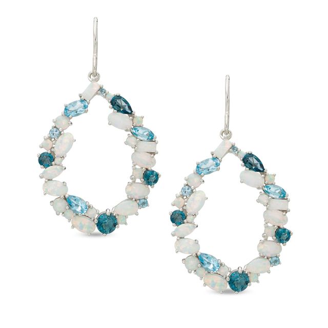 Multi-Shaped Blue Topaz and Lab-Created Opal Circle Cluster Drop Earrings in Sterling Silver|Peoples Jewellers