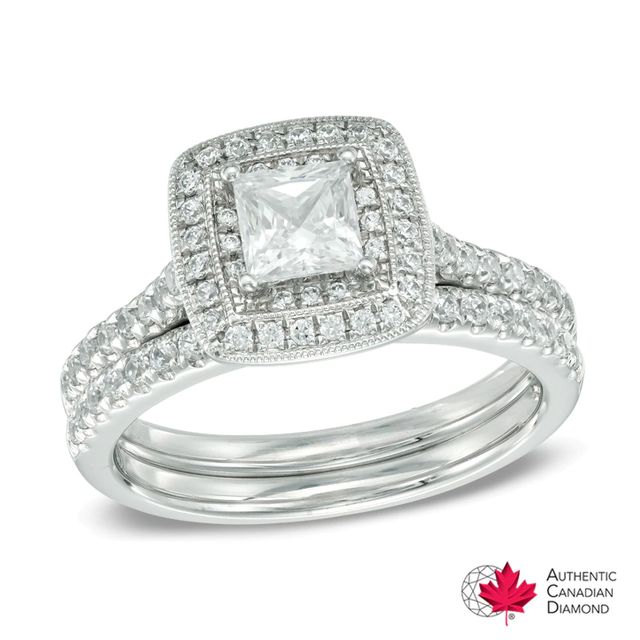 1.00 CT. T.W. Certified Canadian Princess-Cut Diamond Vintage-Style Double Frame Bridal Set in 14K White Gold (I/I2)|Peoples Jewellers