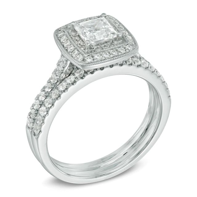 1.00 CT. T.W. Certified Canadian Princess-Cut Diamond Vintage-Style Double Frame Bridal Set in 14K White Gold (I/I2)|Peoples Jewellers