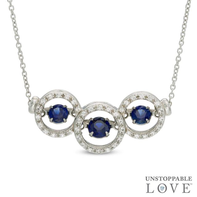 Unstoppable Love™ Lab-Created Blue and White Sapphire Circle Frame Three Stone Necklace in Sterling Silver|Peoples Jewellers