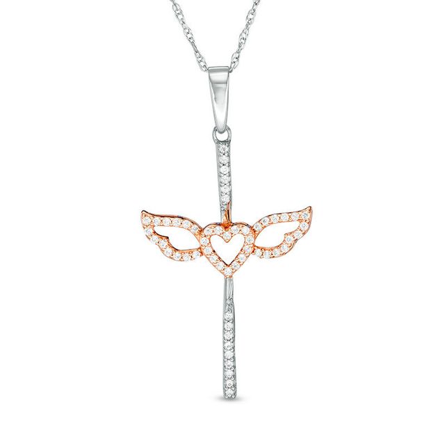 0.16 CT. T.W. Diamond Winged Heart Cross Pendant in 10K Two-Tone Gold