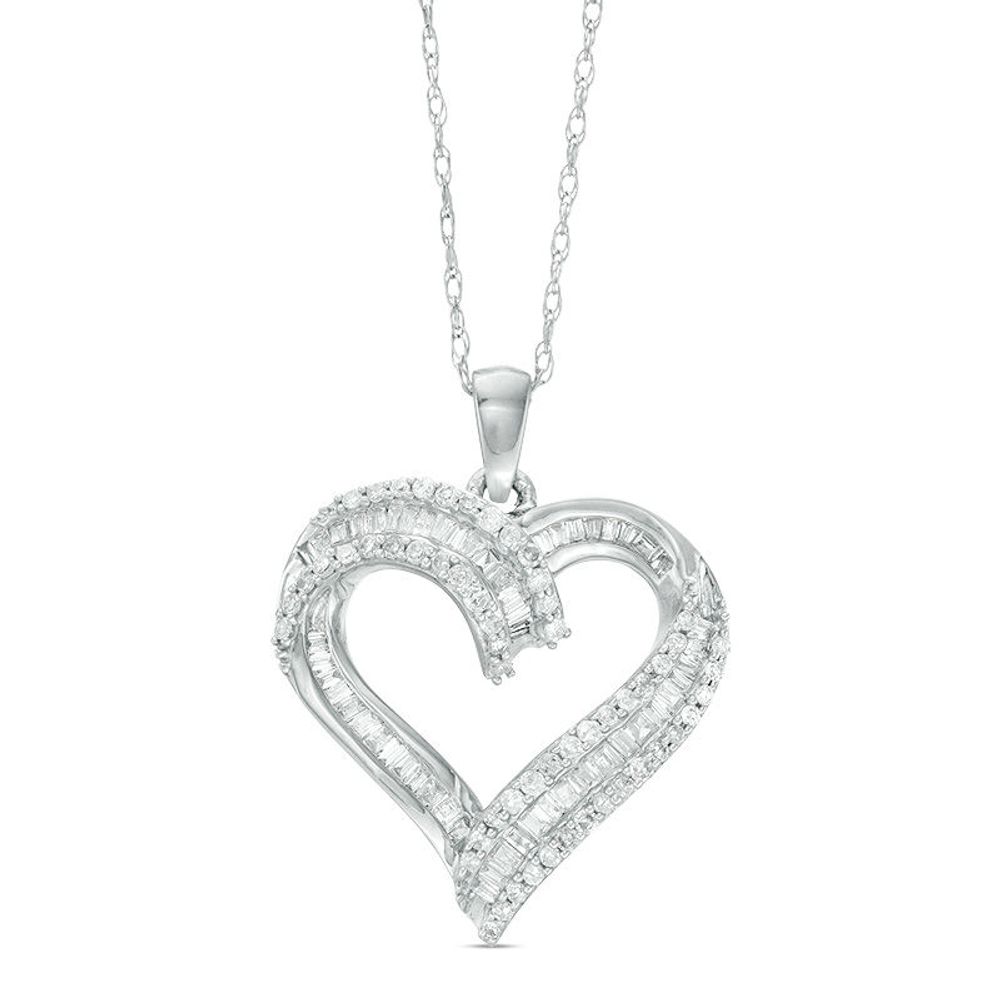 0.50 CT. T.W. Baguette and Round Diamond Heart Pendant in 10K White Gold|Peoples Jewellers