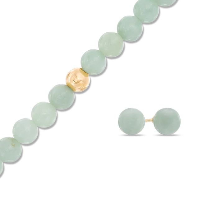 Jade Stud Earrings and Beaded Strand Bracelet Set in 10K Gold - 7.25"|Peoples Jewellers