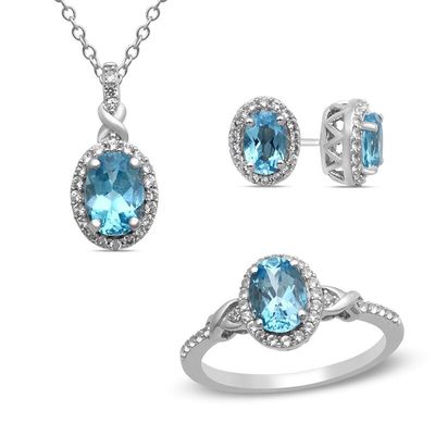 Oval Swiss Blue Topaz and Lab-Created White Sapphire Frame Pendant, Earrings and Ring Set in Sterling Silver|Peoples Jewellers