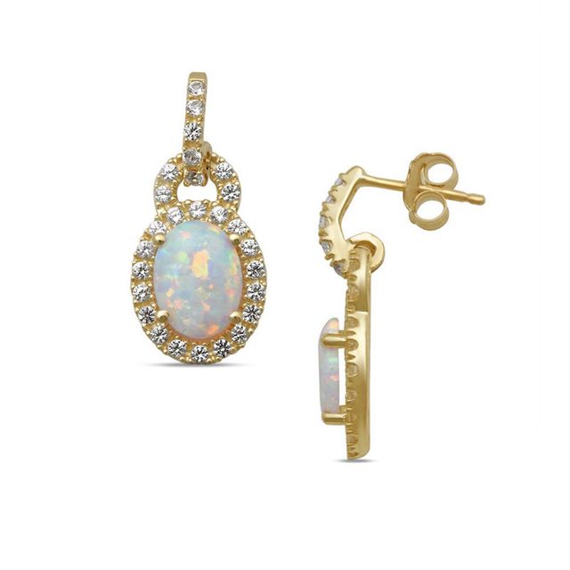 Oval Lab-Created Opal and White Sapphire Frame Drop Earrings in 10K Gold|Peoples Jewellers