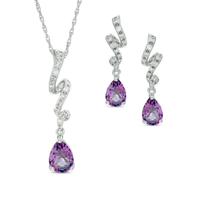 Pear-Shaped Amethyst and Lab-Created White Sapphire Ribbon Pendant and Earrings Set in Sterling Silver|Peoples Jewellers