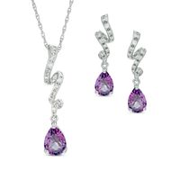 Pear-Shaped Amethyst and Lab-Created White Sapphire Ribbon Pendant and Earrings Set in Sterling Silver|Peoples Jewellers