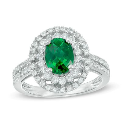 Oval Lab-Created Emerald and White Sapphire Frame Double Row Ring in Sterling Silver|Peoples Jewellers