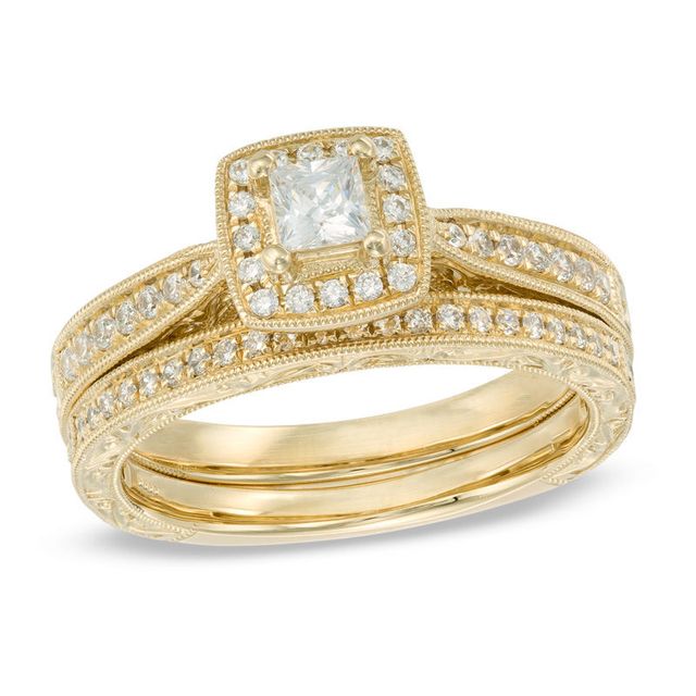 0.45 CT. T.W. Certified Canadian Princess-Cut Diamond Frame Vintage-Style Bridal Set in 14K Gold (I/I2)|Peoples Jewellers