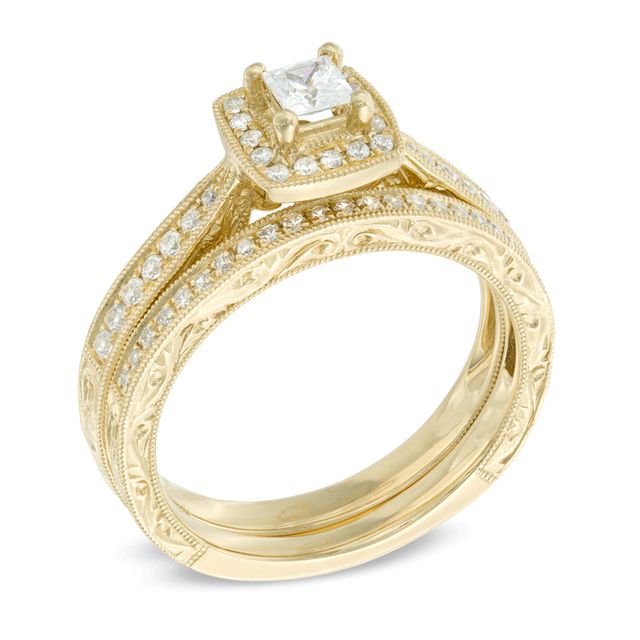 0.45 CT. T.W. Certified Canadian Princess-Cut Diamond Frame Vintage-Style Bridal Set in 14K Gold (I/I2)|Peoples Jewellers