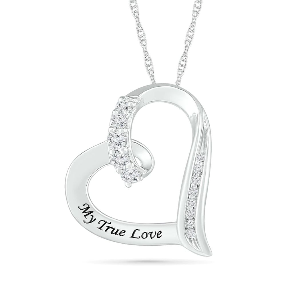 White Lab-Created Sapphire and Diamond Accent Engravable Tilted Heart Pendant in Sterling Silver (1 Line)|Peoples Jewellers