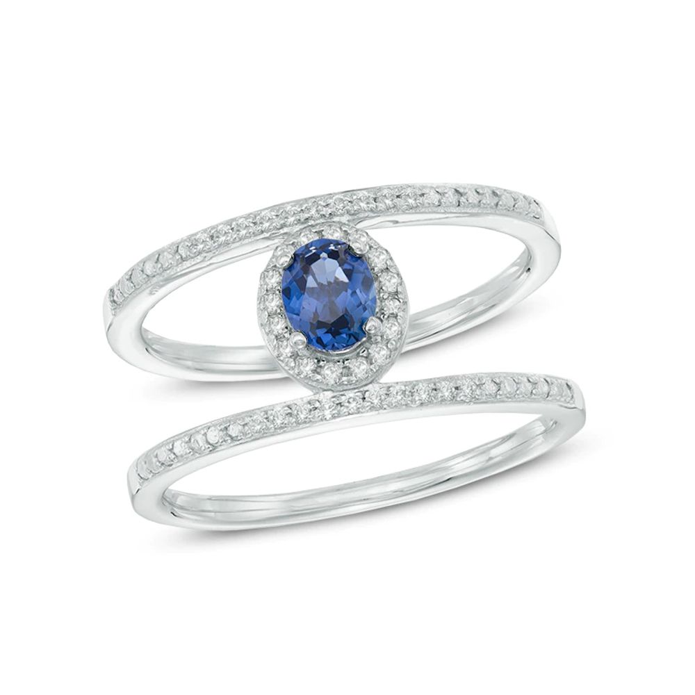 Oval Lab-Created Blue and White Sapphire Frame Ring in Sterling Silver|Peoples Jewellers