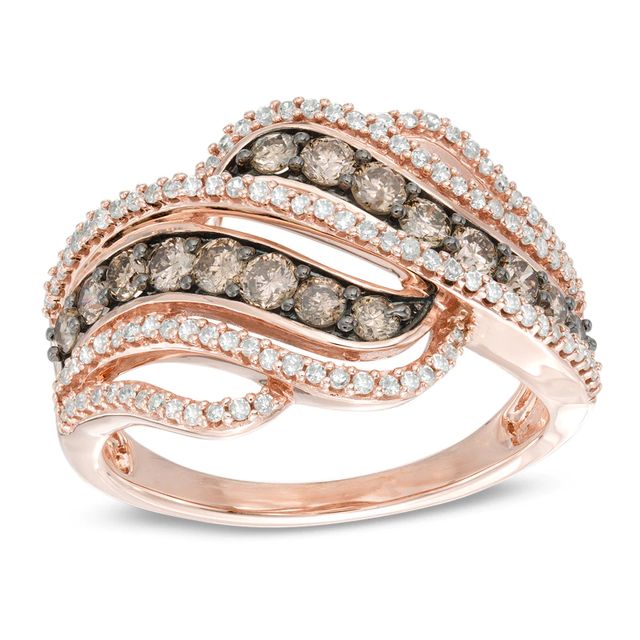 1.00 CT. T.W. Champagne and White Diamond Cascading Waves Ring in 10K Rose Gold|Peoples Jewellers