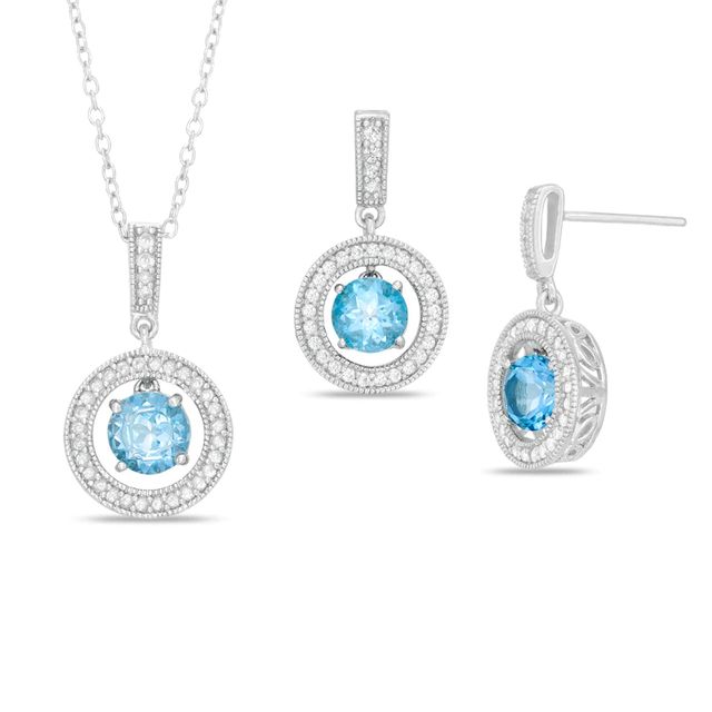 Swiss Blue Topaz and Lab-Created White Sapphire Vintage-Style Circle Pendant and Earrings Set in Sterling Silver|Peoples Jewellers