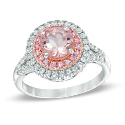 7.0mm Lab-Created Pink and White Sapphire Double Frame Ring in Sterling Silver and 14K Rose Gold Plate|Peoples Jewellers