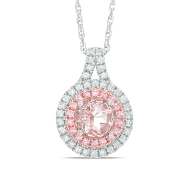 7.0mm Lab-Created Pink and White Sapphire Double Frame Pendant in Sterling Silver and 14K Rose Gold Plate|Peoples Jewellers