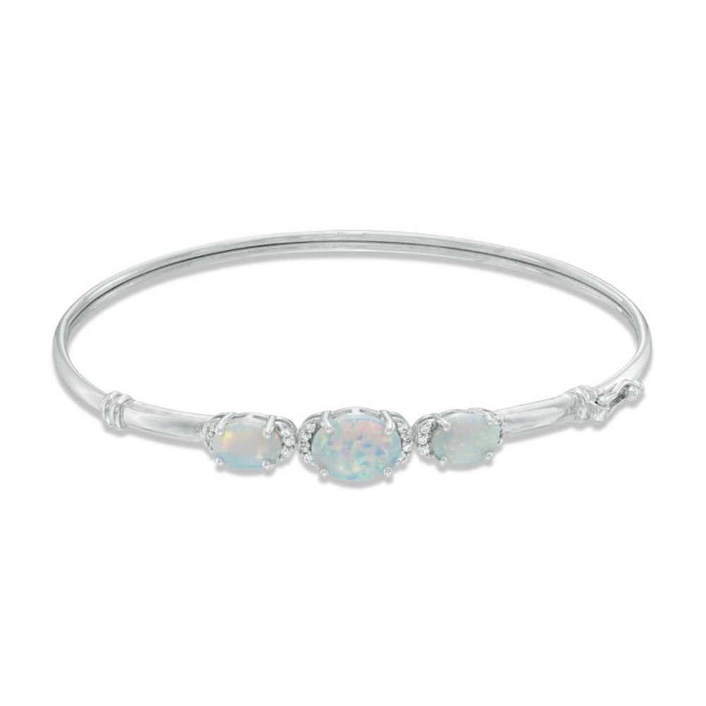 Oval Lab-Created Opal and White Sapphire Three Stone Bangle in Sterling Silver|Peoples Jewellers