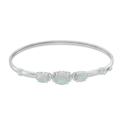 Oval Lab-Created Opal and White Sapphire Three Stone Bangle in Sterling Silver|Peoples Jewellers